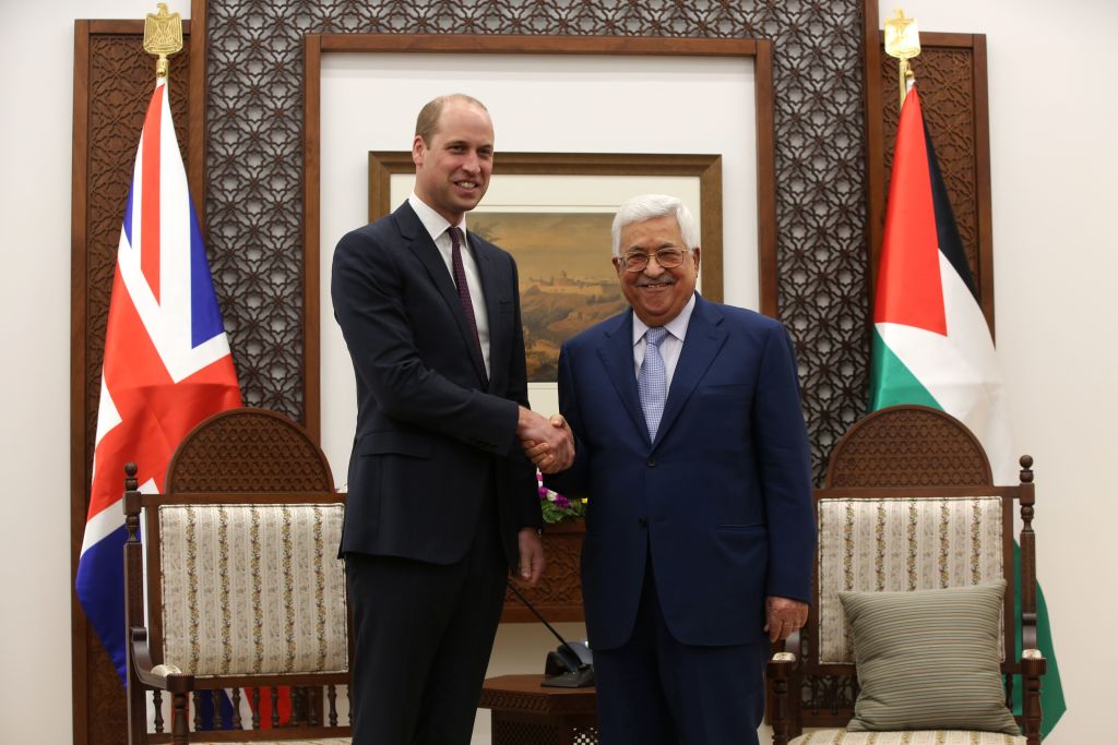 Britain's Prince William meets with the Palestinian president Mahmud Abbas in the West Bank city of Ramallah.
 Photo credit should read ALAA BADARNEH/AFP/Getty Images.