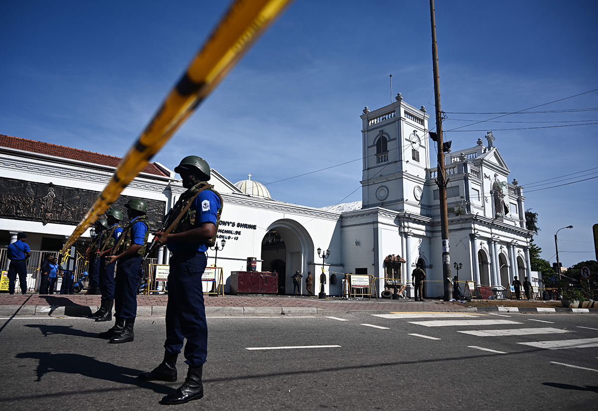 Security personnel stand guard outside St. Anthony's Shrine in Colombo on April 22, 2019, a day after the church was hit in series of bomb blasts targeting churches and luxury hotels in Sri Lanka.