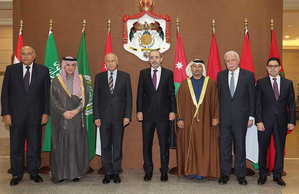 (From L to R) Egyptian Foreign Minister Sameh Shoukry, Saudi Foreign Minister Adel al-Jubeir, Arab League chief Ahmed Abul Gheit, Jordanian Foreign Minister Ayman Safadi, UAE Minister of State for Foreign Affairs Anwar Gargash, Palestinian foreign minister Riyad al-Malki and Moroccan Foreign Minister Nasser Bourita pose during a meeting in