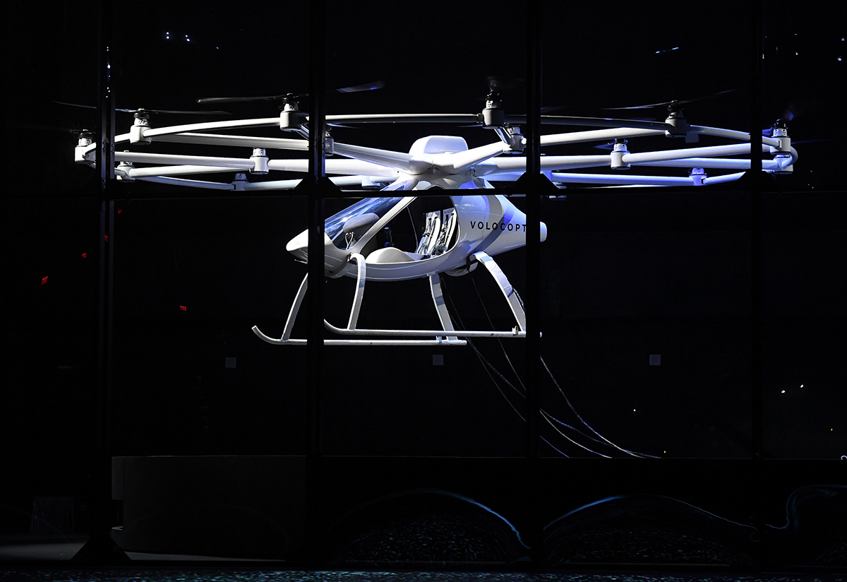 The self-piloting, electric, 18-rotor Volocopter is capable of carrying two passengers for up to 30-minutes.