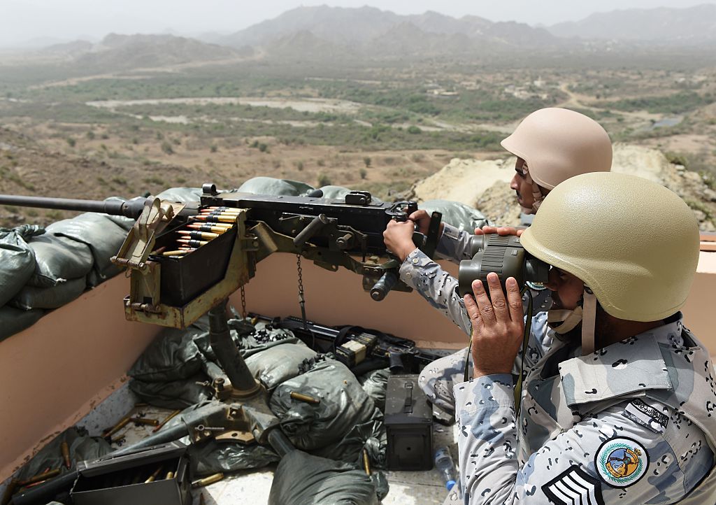 Members of the Saudi border guard are stationed at a lookout point on the SaudiYemeni border in southwestern Saudi Arabia.
Photo credit should read FAYEZ NURELDINEAFPGetty Images