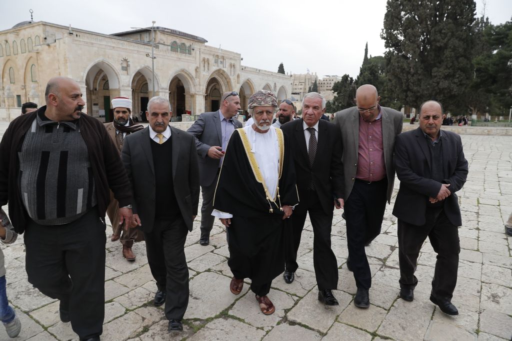 Omani minister responsible for foreign affairs Yusuf bin Alawi 4thR walking through AlAqsa mosque compound with the mosque seen behind him in Arab east Jerusalem.
Photo: GHARABLI/AFP/Getty Images