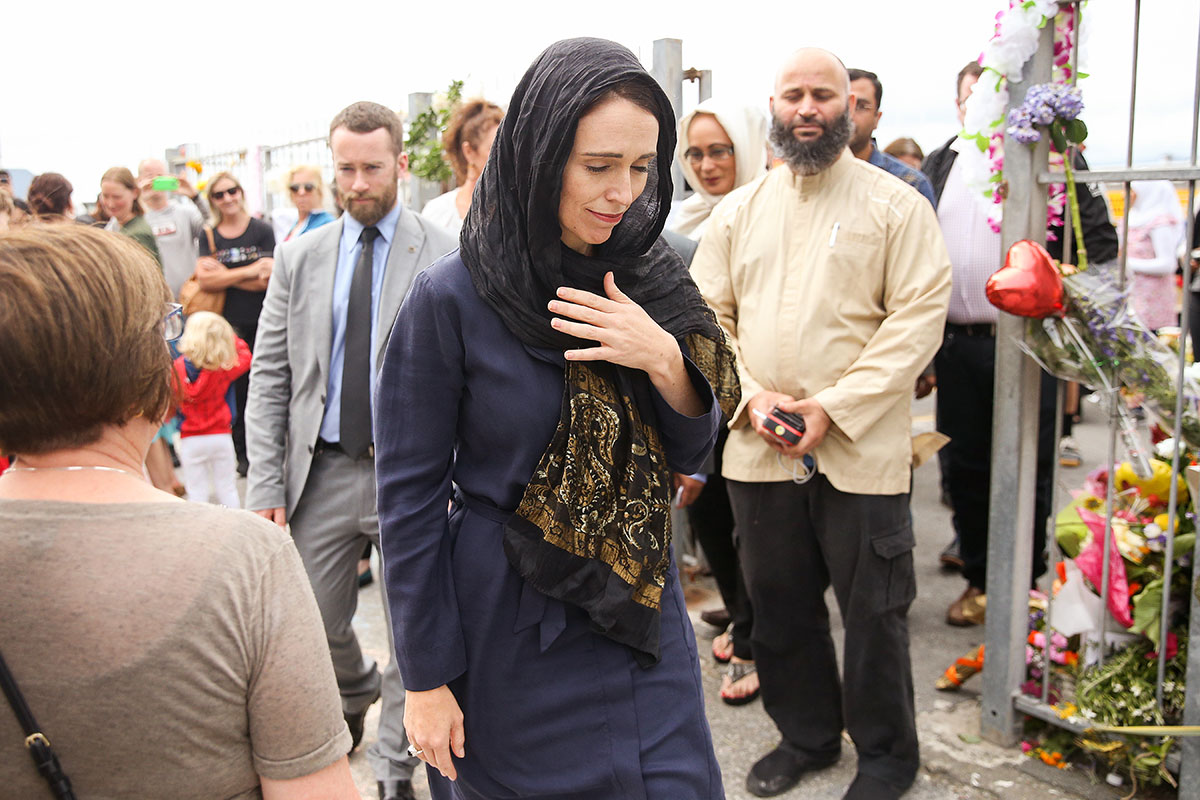 Prime Minister Jacinda Ardern leaves after a visit to the Kilbirnie Mosque on March 17, 2019