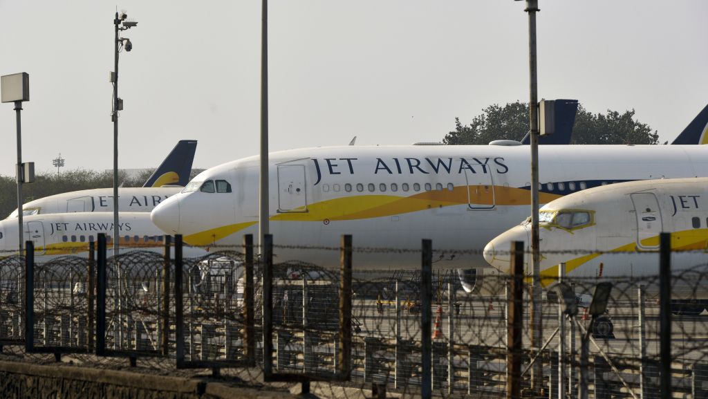 Jet Airways aircraft are seen parked on the tarmac at Chattrapati Shivaji International Airport in Mumbai. (PUNIT PARANJPE/AFP/Getty Images)