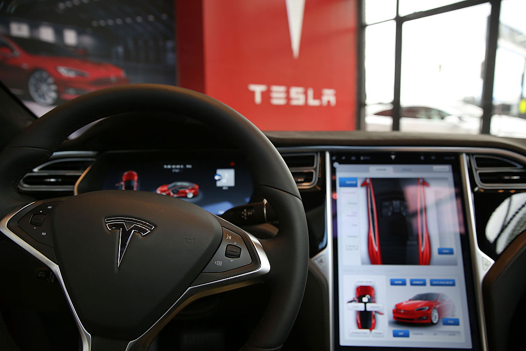 The inside of a Tesla vehicle is viewed as it sits parked in a new Tesla showroom and service center in Red Hook Brooklyn on July 5 2016 in New York City. Photo by Spencer PlattGetty Images