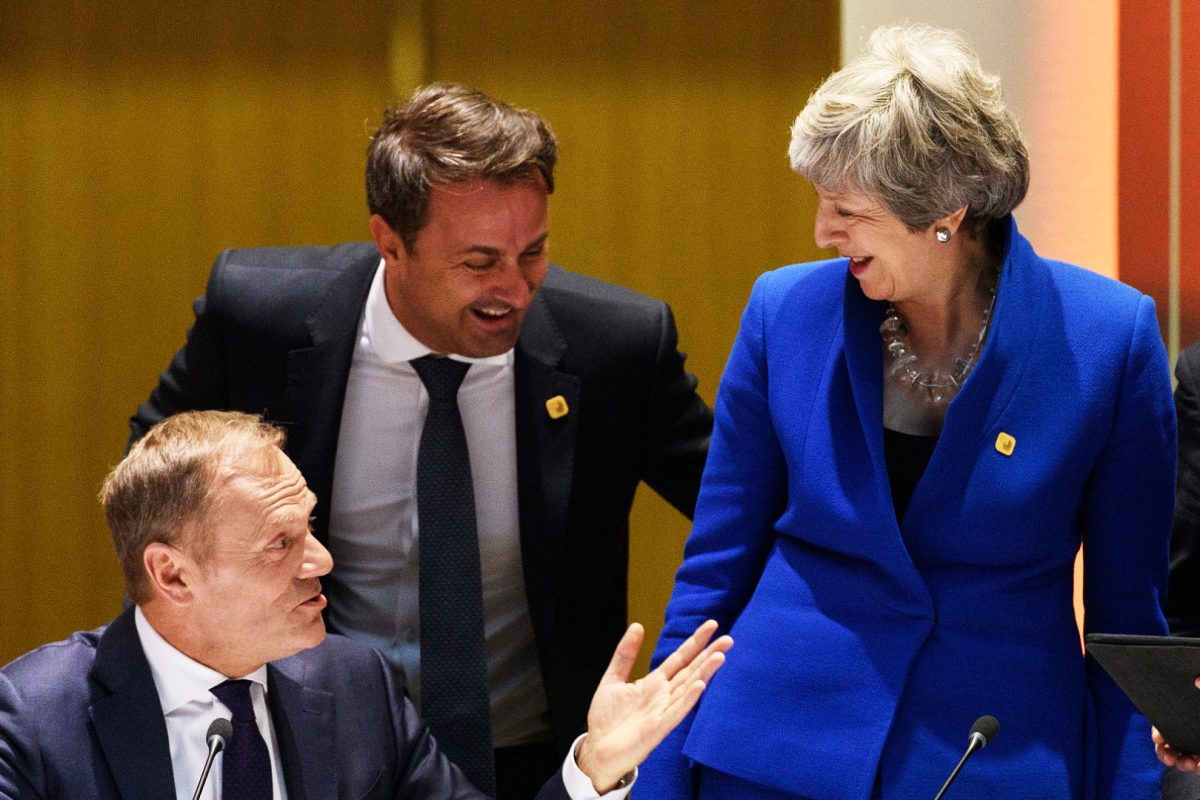 President of the European Council Donald Tusk Luxembourgs Prime Minister Xavier Bettel and British Prime Minister Theresa May talk at a round table meeting. Photo: Leon Neal  Pool/Getty Images