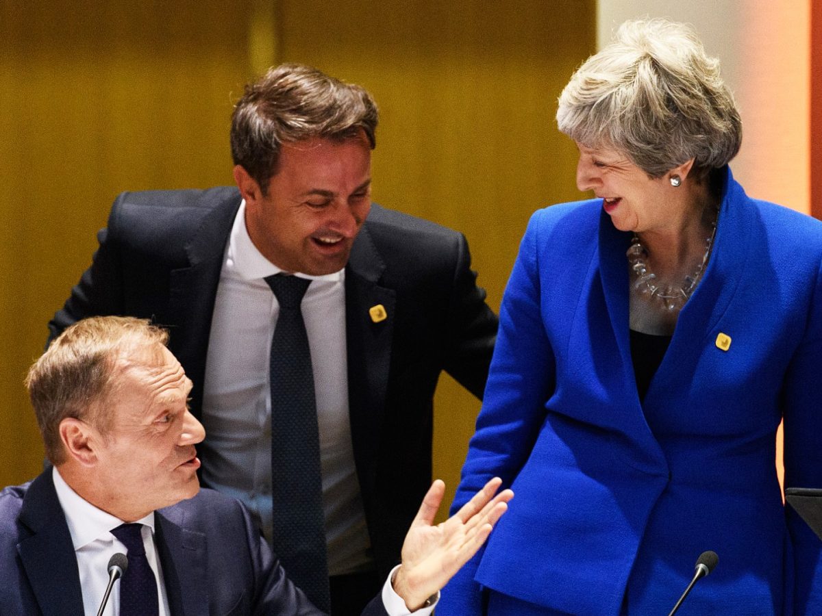 President of the European Council Donald Tusk Luxembourgs Prime Minister Xavier Bettel and British Prime Minister Theresa May talk at a round table meeting. Photo: Leon Neal  Pool/Getty Images