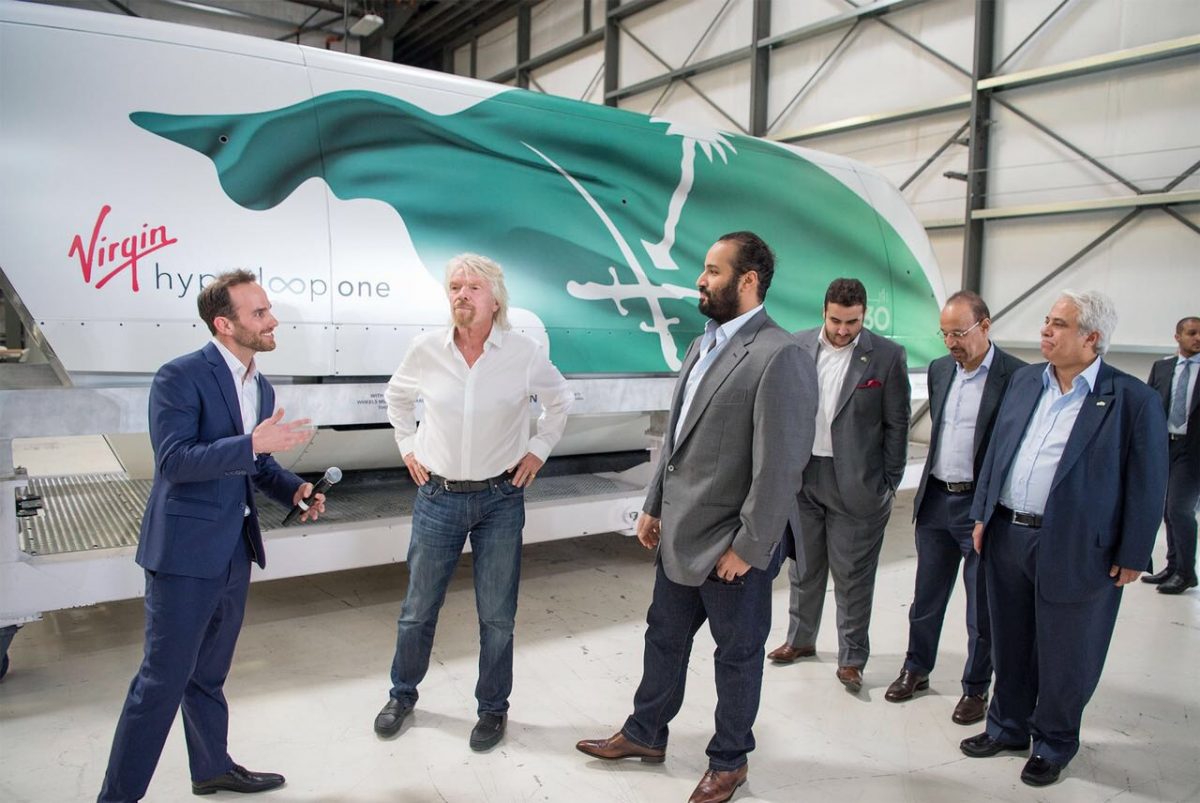 Saudi Crown Prince Mohammed bin Salman pictured with  Sir Richard Branson and Virgin Hyperloop One CEO Rob Lloyd.