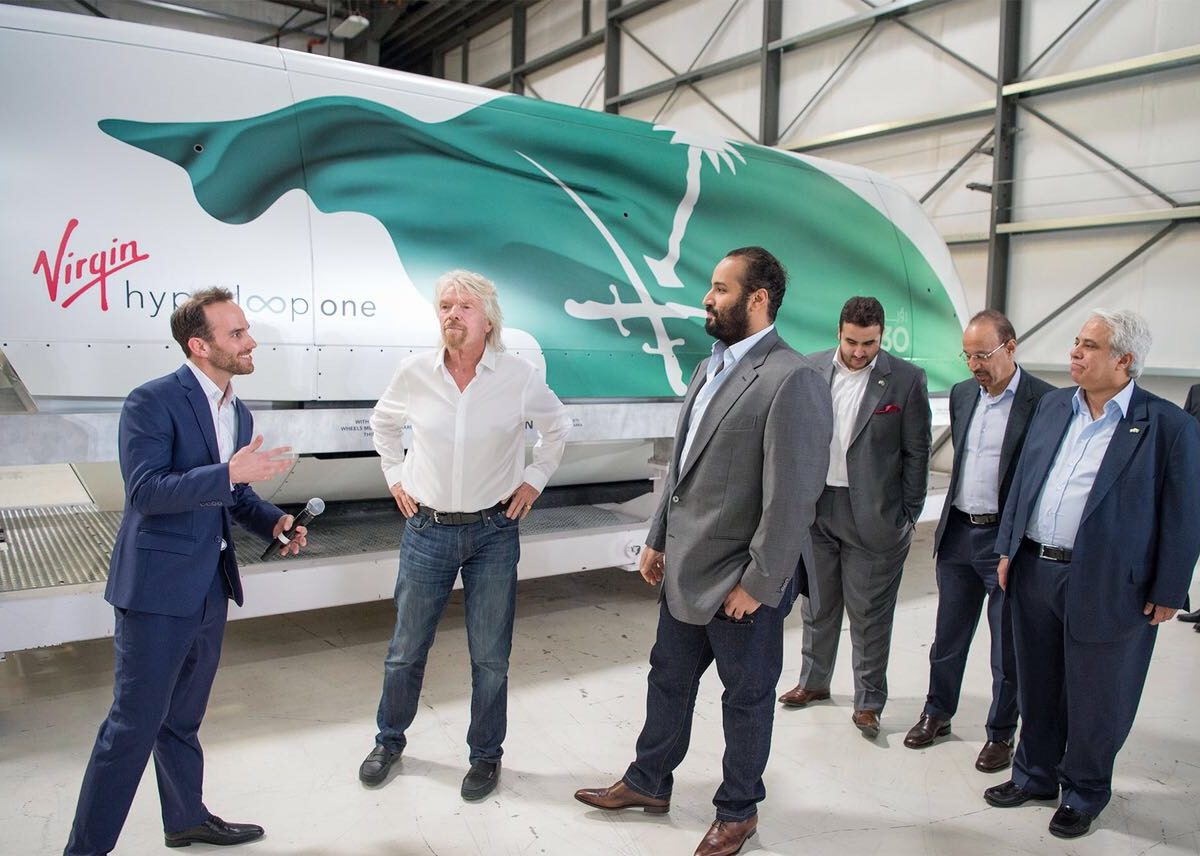 Saudi Crown Prince Mohammed bin Salman pictured with  Sir Richard Branson and Virgin Hyperloop One CEO Rob Lloyd.