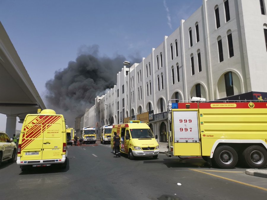 Dubai Civil Defence teams at the site of an operation to extinguish a blaze that spread from 3 vehicles to a warehouse near the Abu Baker Al Siddique metro station. Image: Dubai Media Office.