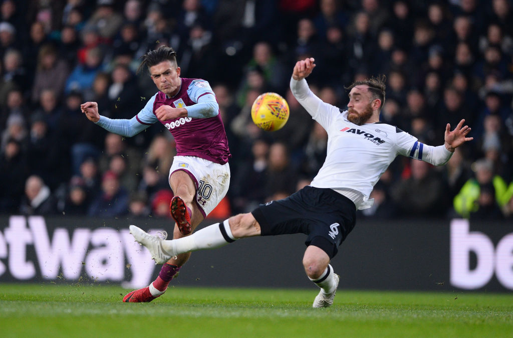 Jack Grealish of Aston Villa shoots at goal during the Sky Bet Championship match between Derby County and Aston Villa.