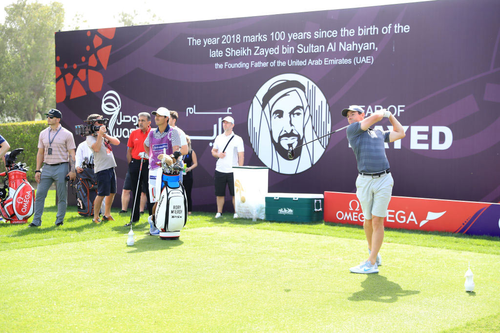 Rory McIlroy of Northern Ireland plays a shot during the pro-am as a preview for the Omega Dubai Desert Classic on the Majlis Cours at Emirates Golf Club.