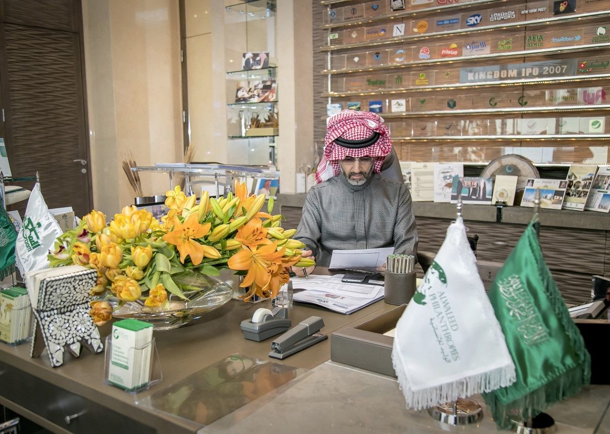 Prince Alwaleed pictured in his office in Kingdom Tower in Riyadh.