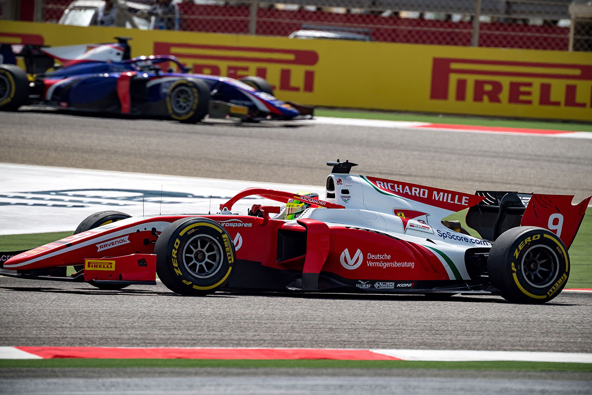 Prema's German driver Mick Schumacher steers his car during his fist Formula 2 race ahead of the Formula One Bahrain Grand Prix at the Sakhir circuit in the desert south of the Bahraini capital Manama, on March 30, 2019.