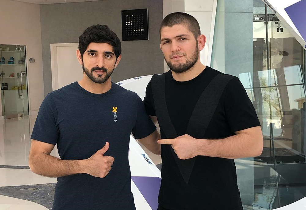 Sheikh Hamdan pictured with reigning UFC lightweight champion Khabib Nurmagomedov during the Russian's visit to Dubai in February.