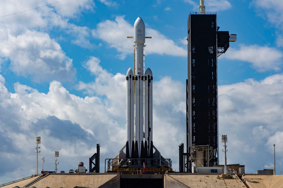 Falcon Heavy and Arabsat-6A are vertical on Launch Complex 39A