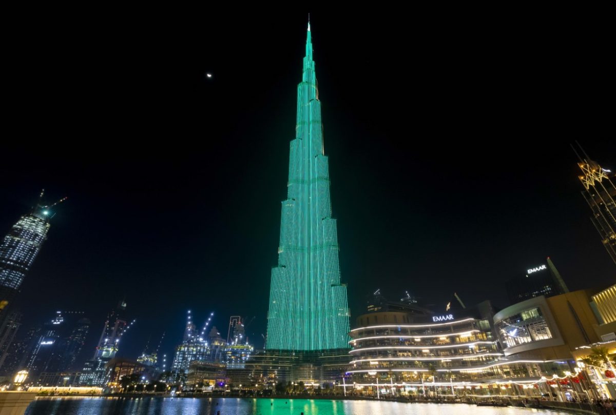 Several buildings, including the Burj Khalifa, were lit up with green lights.