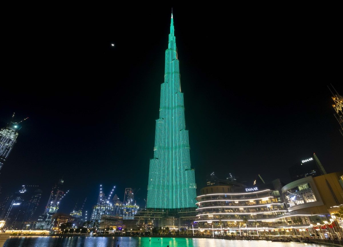 Several buildings, including the Burj Khalifa, were lit up with green lights.