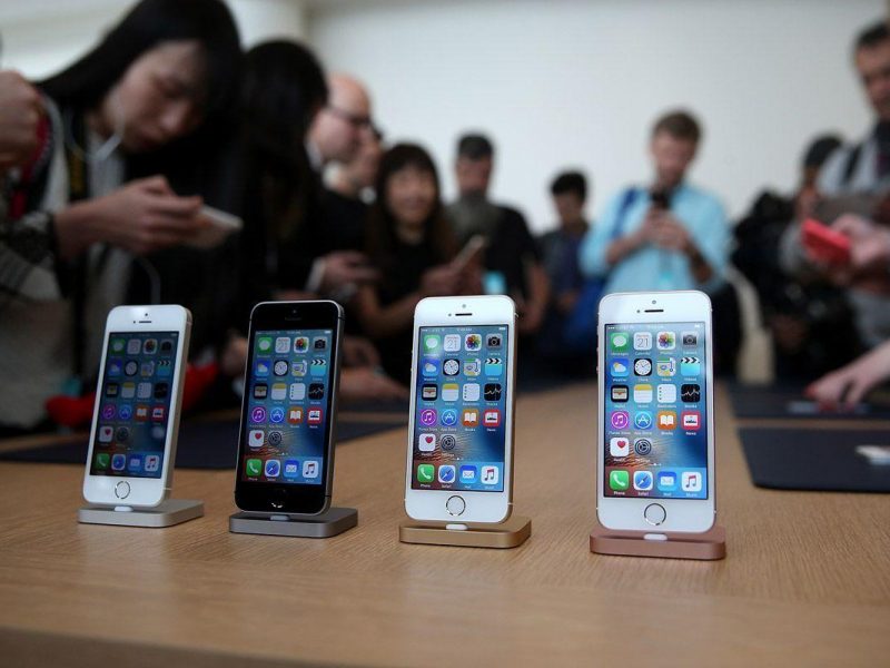 The new iPhone SE is displayed during an Apple special event at the Apple headquarters on March 21, 2016 in Cupertino, California. Apple announced the iPhone SE and a 9.7 version of the iPad Pro. (Getty Images)