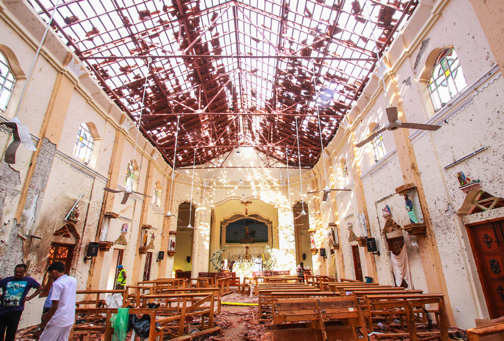 NEGOMBO SRI LANKA  APRIL 21 Sri Lankan officials inspect St Sebastians Church in Negombo north of Colombo after multiple explosions targeting churches and hotels across Sri Lanka on April 21 2019 in Negombo Sri Lanka