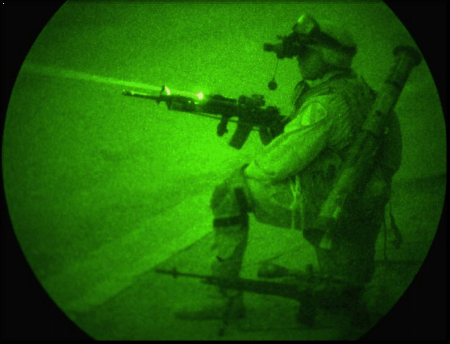 A general view through night vision goggles.