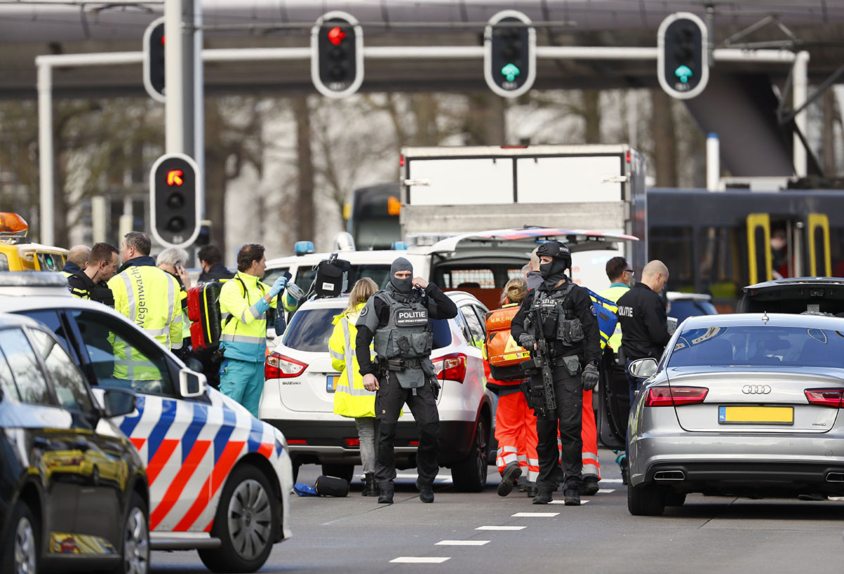 Police forces stand at the 24 Oktoberplace in Utrecht, on Monday where a shooting took place.