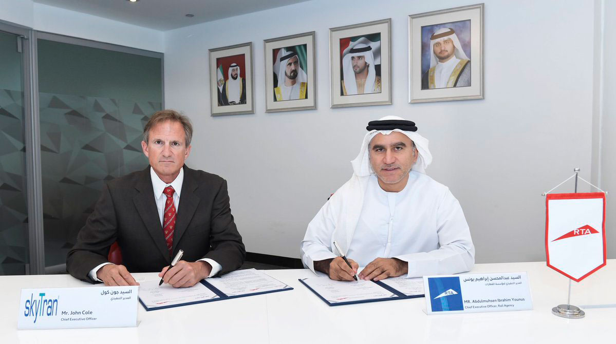 Abdul Mohsin Ibrahim Younes (right), CEO of Rail Agency, RTA signed a memorandum of understanding (MoU) on behalf of RTA, pictured with John Cole, CEO of Skytran.