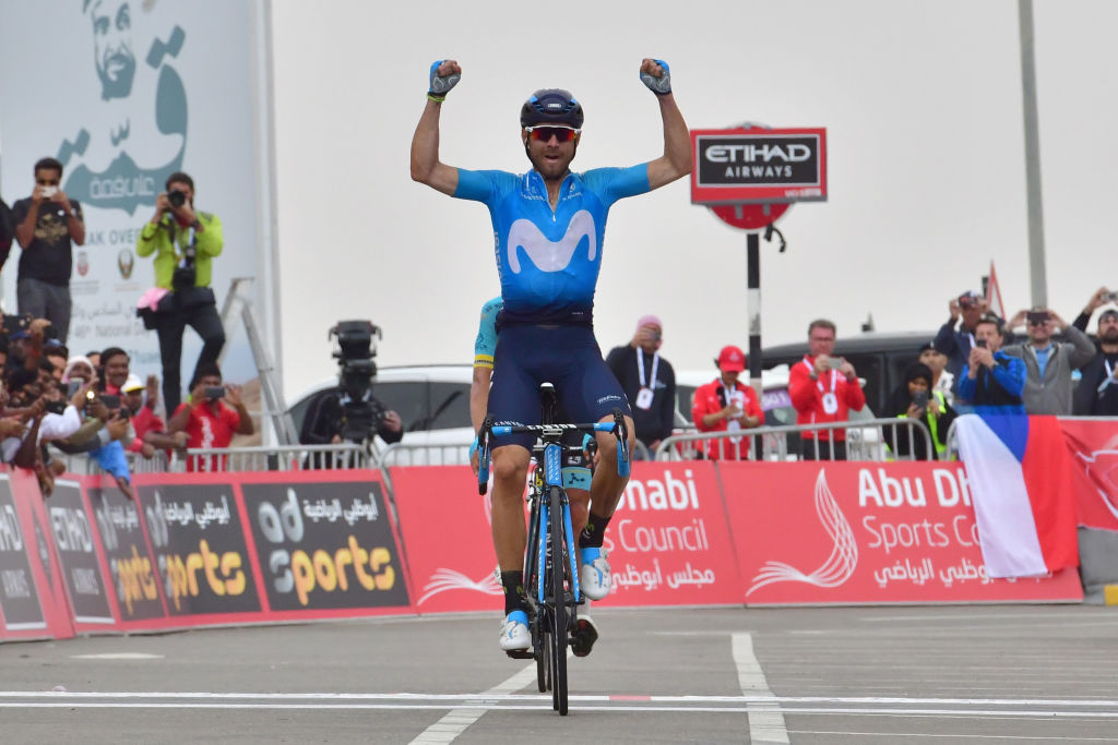 Movistar team rider Alejandro Valverde celebrates as he crosses the the finish line to win the stage and overall title following the fifth stage of the Abu Dhabi cycling tour. Photo: GIUSEPPE CACACE/AFP/Getty Images