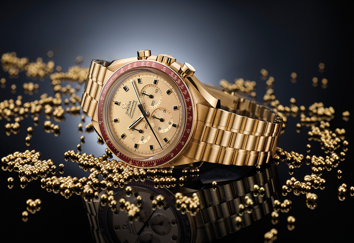 The 42mm case, bracelet, dial, hour-markers and hour-minute hands have all been created in the alloy that Omega is calling 18-carat Moonshine gold, the colour of which is a little paler than normal 18-carat gold and is said to be inspired by the shining moonlight in a dark blue sky.