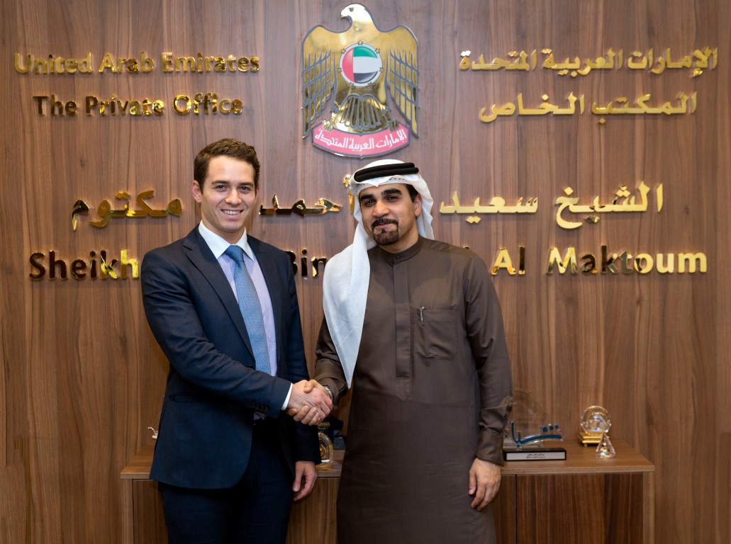 Hisham Al Gurg (right), Sheikh Saad Al Maktoum Private Office CEO and Talal Tabbaa, Jibrel Network Co-founder, shaking hands after signing a strategic partnership agreement for launching jCash in the UAE and MENA regions at the Dubai Seed Group office. Photo: Jibrel Network