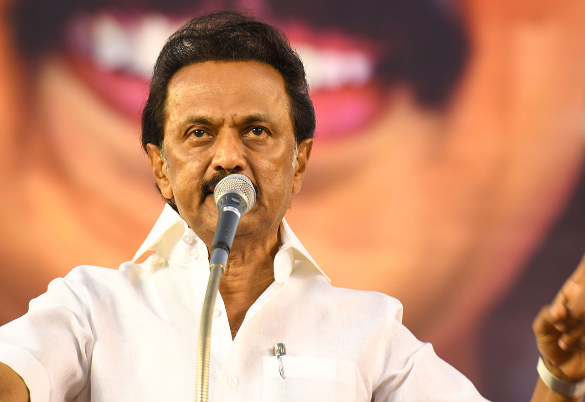 Indian Dravida Munnetra Kazhagam (DMK) party president M. K. Stalin gestures as he speaks during an election rally for India's general election in Sriperumbudur in the Tamil Nadu.