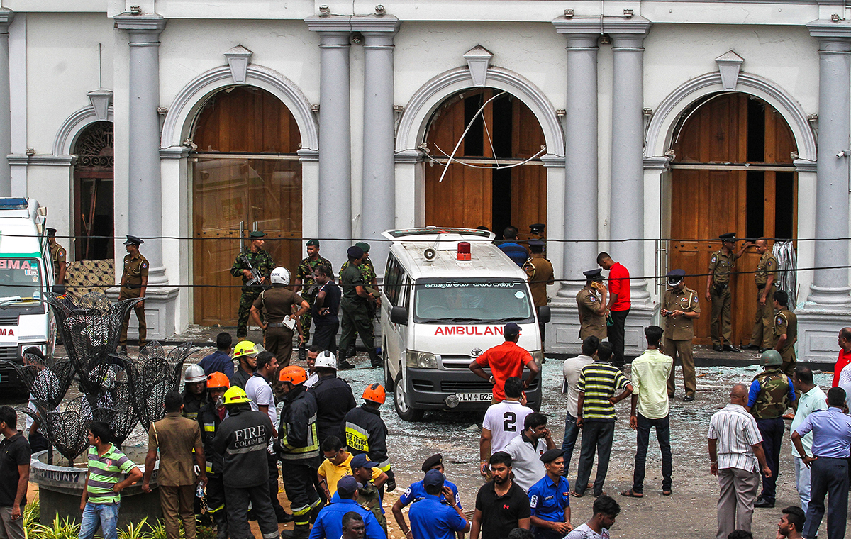 Sri Lankan security forces secure the area around St. Anthony's Shrine after an explosion hit St Anthony's Church in Kochchikade on April 21, 2019 in Colombo.