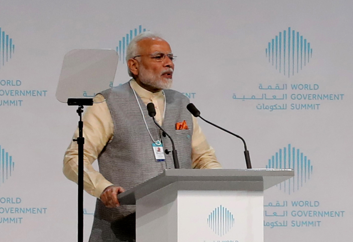 India's Prime Minister Narendra Modi delivers a speech during the opening of the World Government Summit in Dubai.