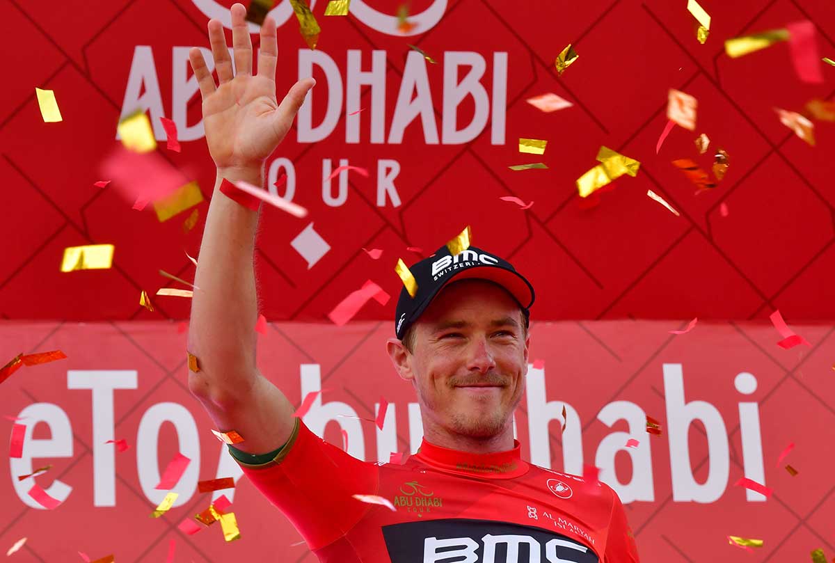 BMC rider Rohan Dennis celebrates on the podium after his victory during the fourth stage of the Abu Dhabi cycling tour in the Emirati capital on February 24, 2018.