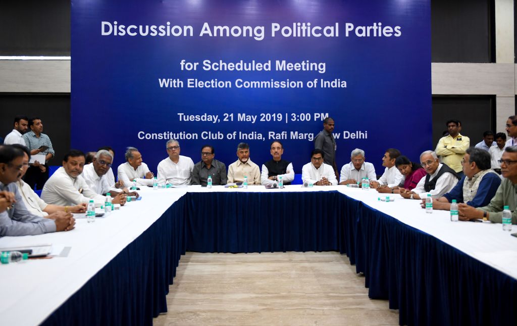 Members of 21 opposition parties sit participate in a meeting before going to the Election Commission of India in New Delhi on May 21 2019  21 representatives of the Indian opposition parties met the Election Commission  regarding their concerns about Electronic Voting Machines and the VVPAT Voter Verified Paper Trail Machines Photo by Mon