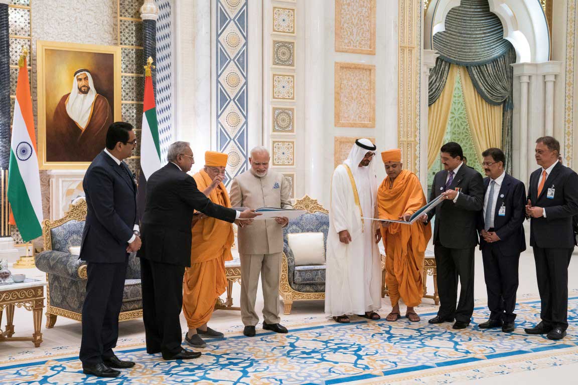 The Indian leader unveiled a model of what will be the first Hindu temple in Abu Dhabi, calling it a "testament to tolerance" in the Muslim Gulf nation.