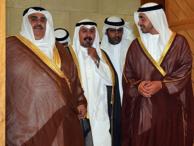 Foreign ministers Sheikh Khaled bin Ahmed al-Khalifa of Bahrain, Sheikh Mohammed al-Sabah of Kuwait and Sheikh Abdullah bin Zayed al-Nahayan of UAE arrive to attend a Gulf Cooperation Council (GCC) foreign ministers extraordinary meeting in Riyadh on April 17, 2011 to discuss the unrest in Yemen. (AFP/Getty Images)