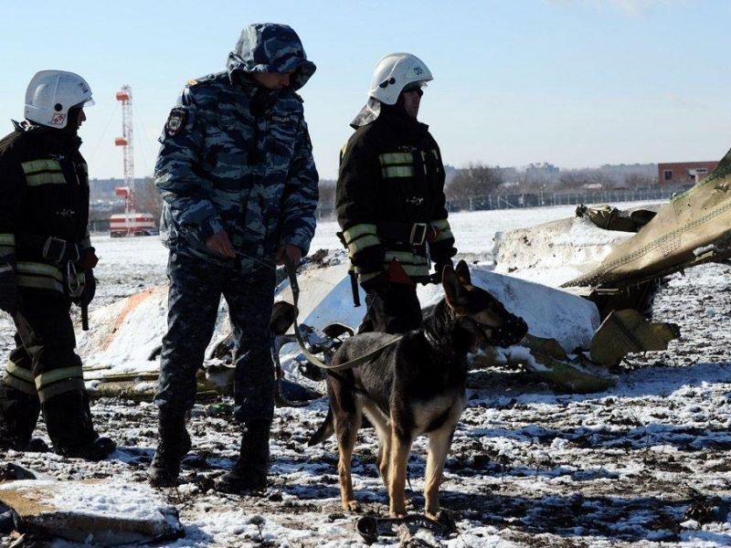 Russian Emergency Ministry rescuers search the wreckage of a crashed airplane at the Rostov-on-Don airport on March 20, 2016. A flydubai passenger Boeing jet crashed early Saturday as it attempted to land in bad weather in southern Russia, killing all 62 people on board in the latest air disaster to hit the country. (STR/AFP/Getty Images)