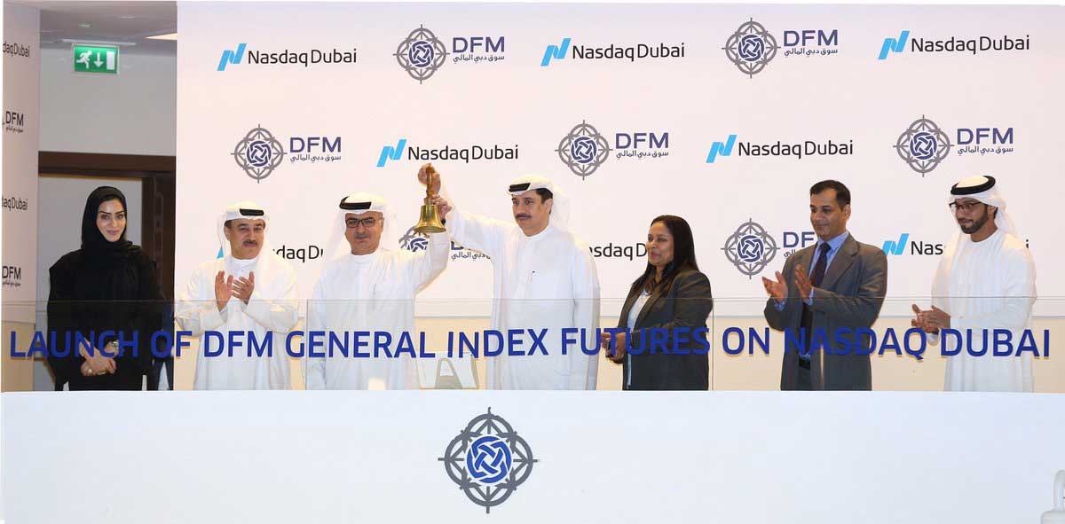 Chairman of Nasdaq Dubai Abdul Wahed Al Fahim (left) and Essa Kazim, Chairman of DFM, (right) pictured at the launch futures contracts at Nasdaq Dubai exchange.