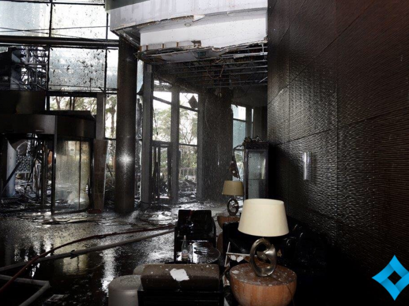 Inside the Address Hotel lobby in Downtown Dubai after the fire had been extinguished. (Photo courtesy of Dubai Media Office)