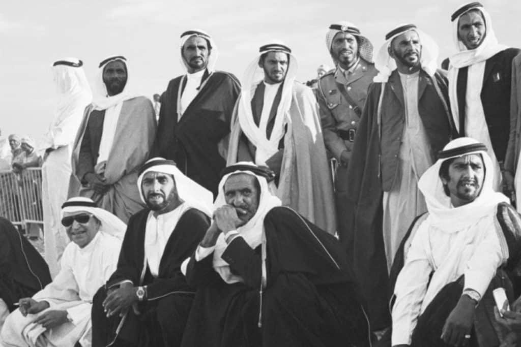 Sheikh Zayed and Sheikh Rashid watching the Sharjah camel race of 1968. Image: Ramesh Shukla