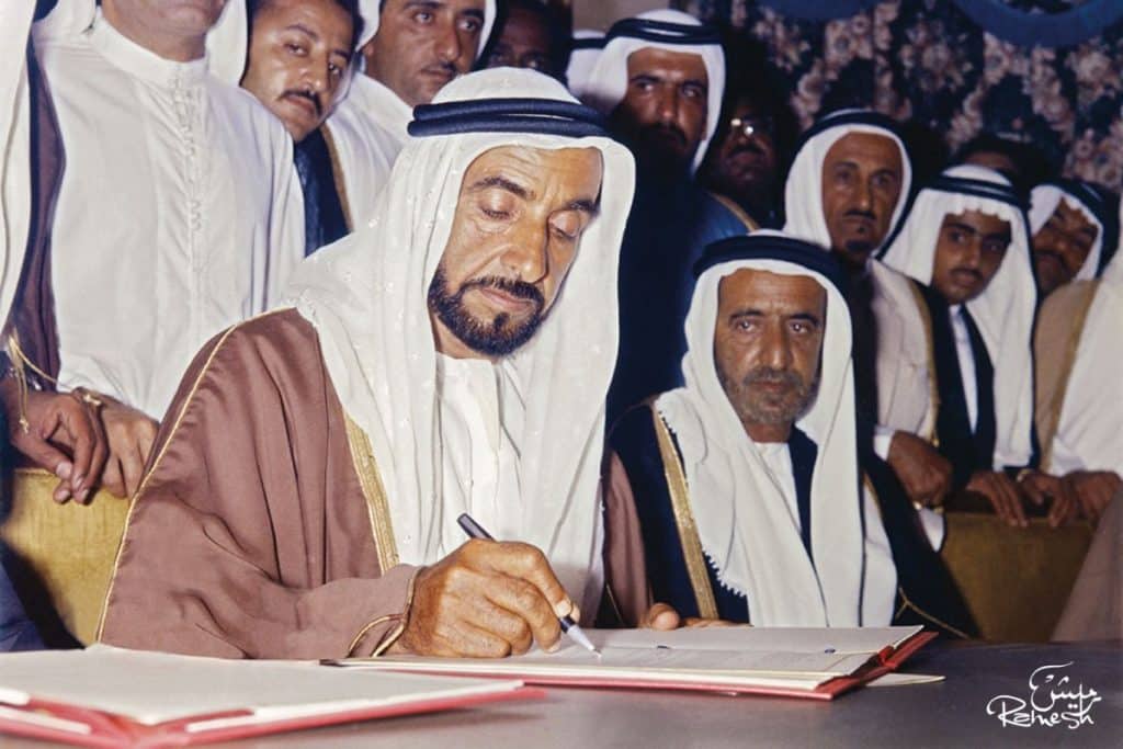 Sheikh Zayed bin Sultan Al Nahyan, UAE's founding father and former president signs the agreement to form the UAE on December 2, 1971. Image: Ramesh Shukla